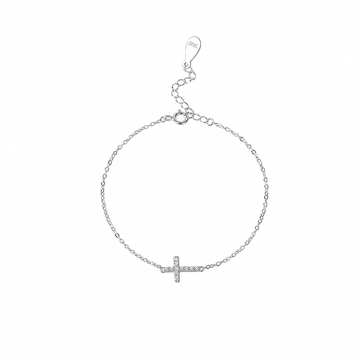 Delicate Pavé Cross 925 Sterling Silver Cable Bracelet