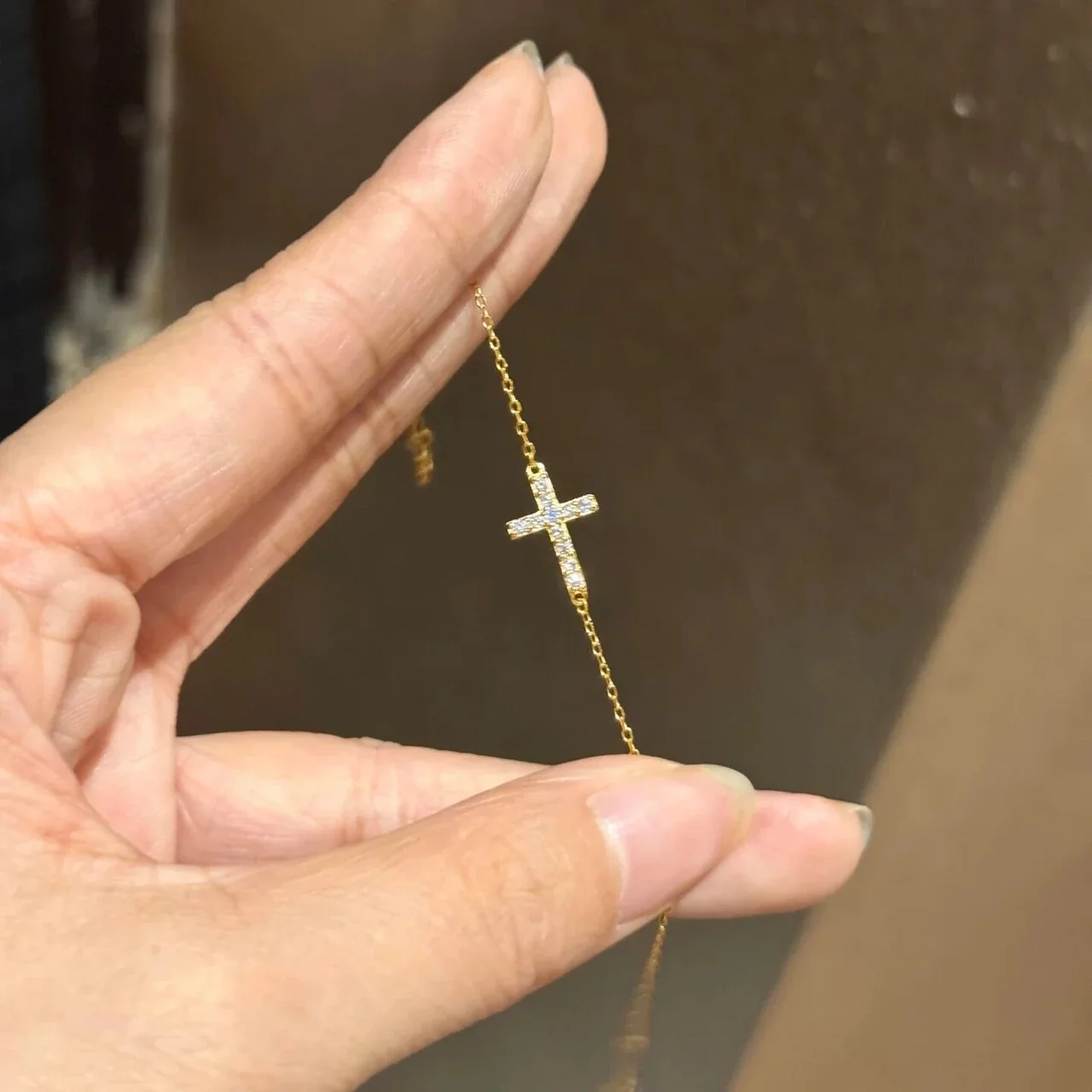 Delicate Pavé Cross 925 Sterling Silver Cable Bracelet