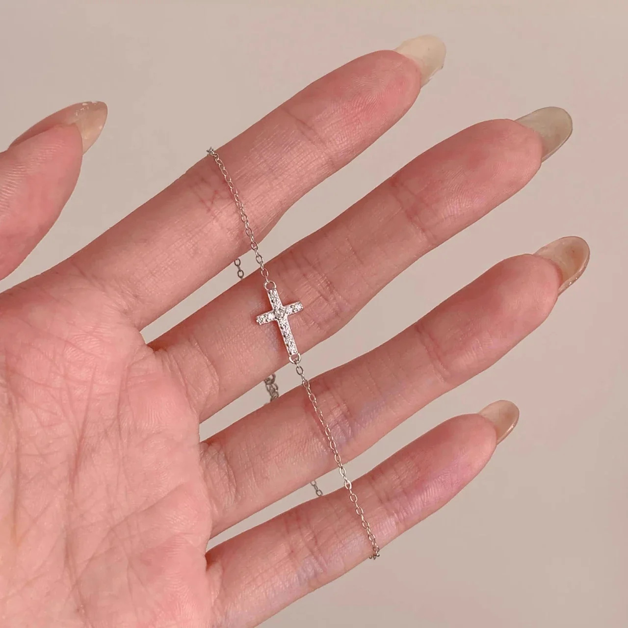 Delicate Pavé Cross 925 Sterling Silver Cable Bracelet