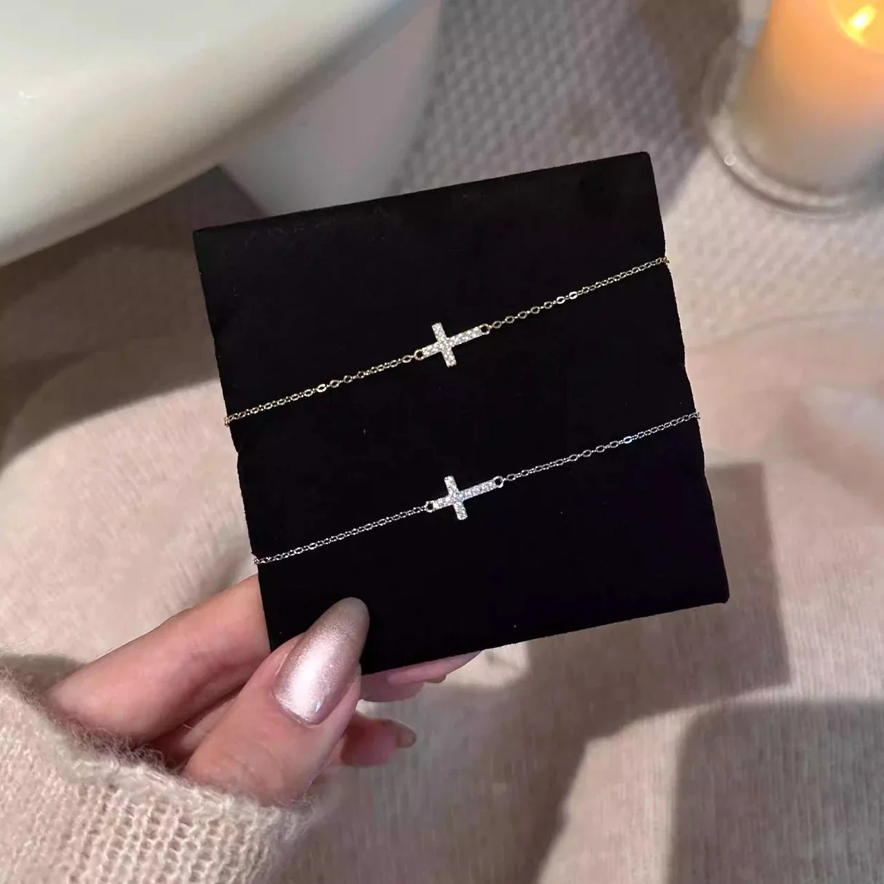 Delicate Pavé Cross 925 Sterling Silver Cable Bracelet