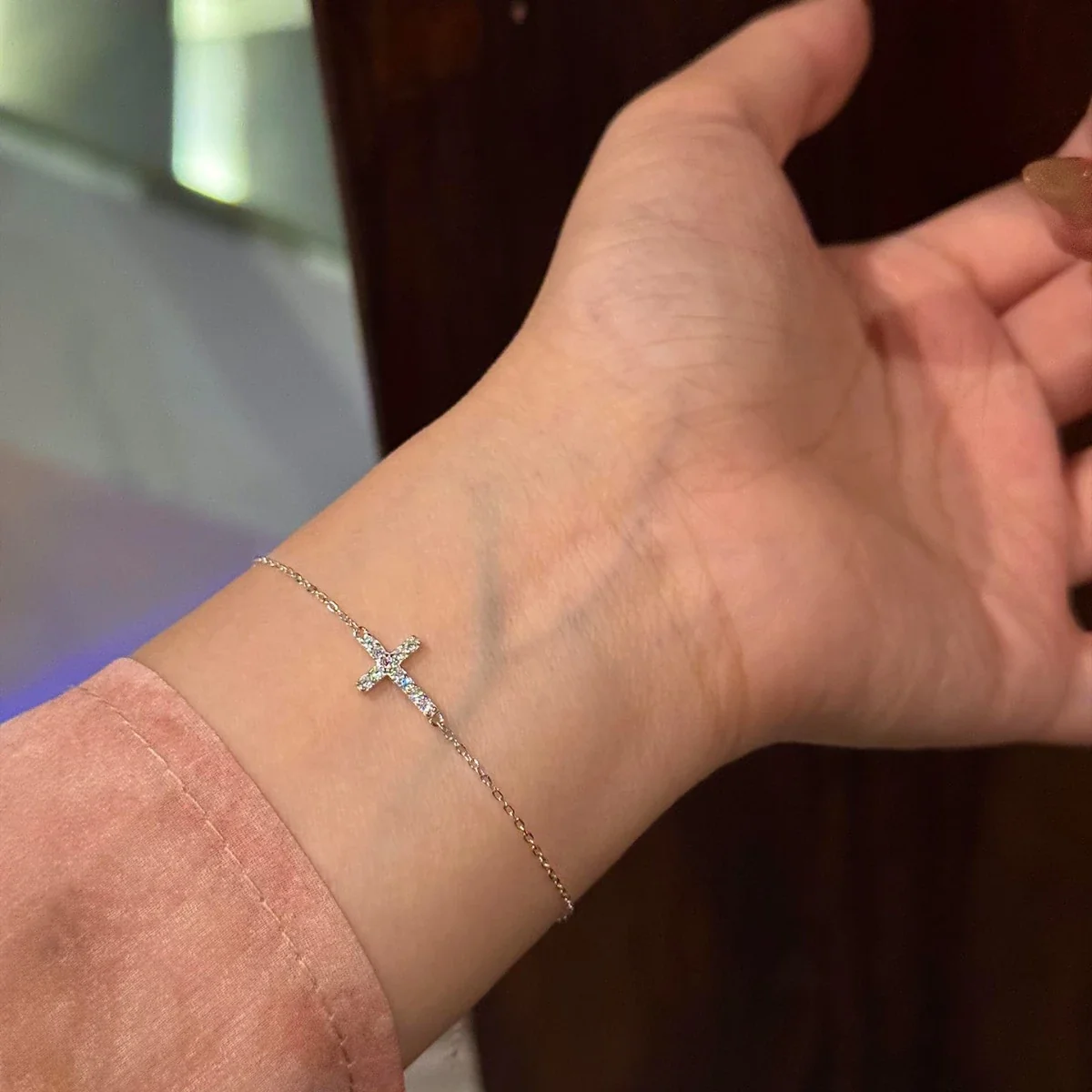 Delicate Pavé Cross 925 Sterling Silver Cable Bracelet