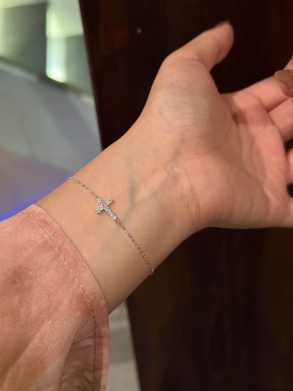 Delicate Pavé Cross 925 Sterling Silver Cable Bracelet - Silver