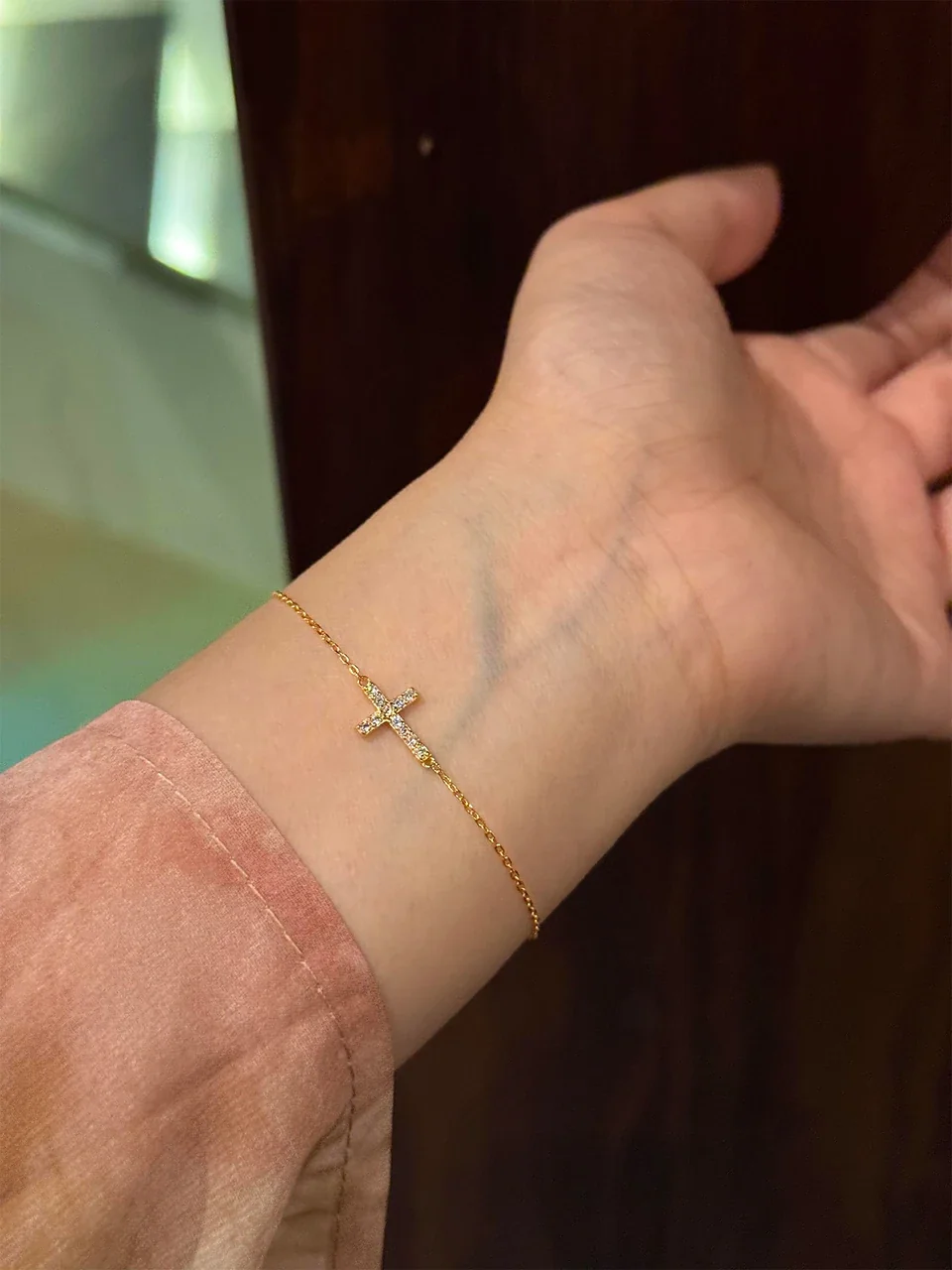 Delicate Pavé Cross 925 Sterling Silver Cable Bracelet - Gold