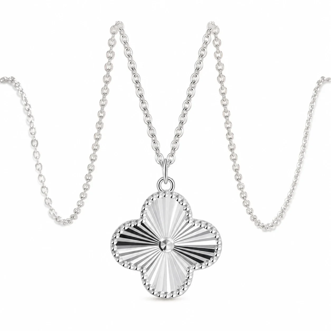 Radiant 925 Sterling Silver Four-Leaf Sunburst Pendant Necklace