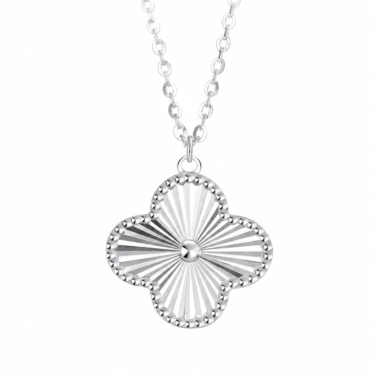 Radiant 925 Sterling Silver Four-Leaf Sunburst Pendant Necklace