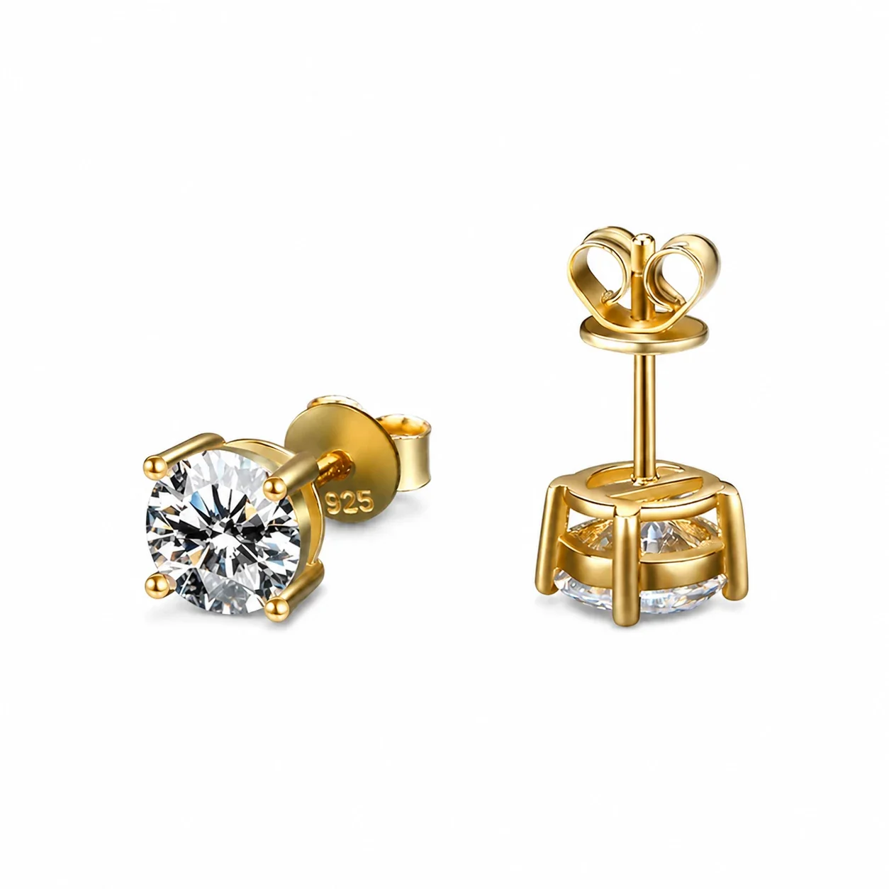 Refined Gold-Plated Four-Prong Round Moissanite Stud Earrings