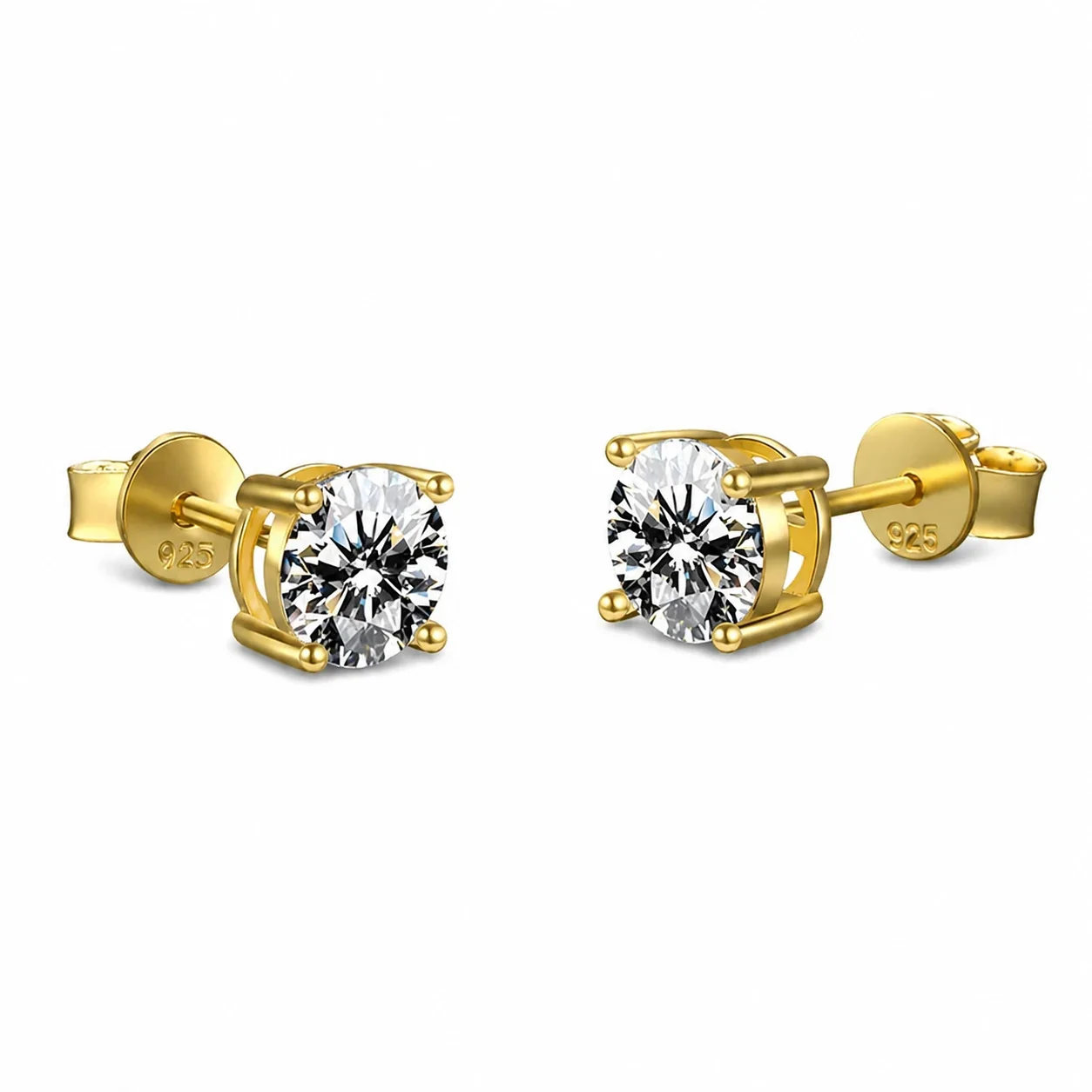 Refined Gold-Plated Four-Prong Round Moissanite Stud Earrings