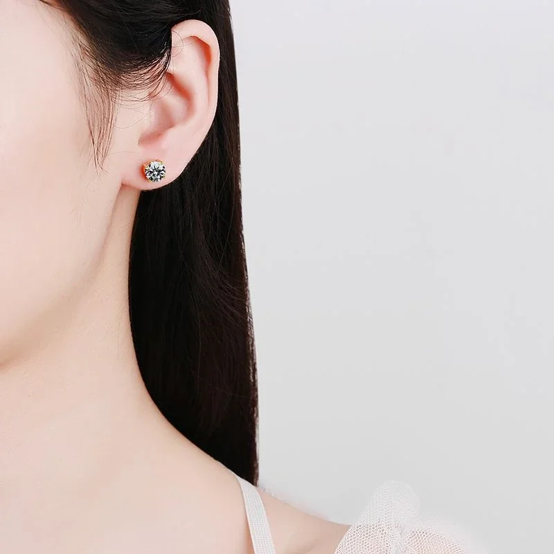 Refined Gold-Plated Four-Prong Round Moissanite Stud Earrings