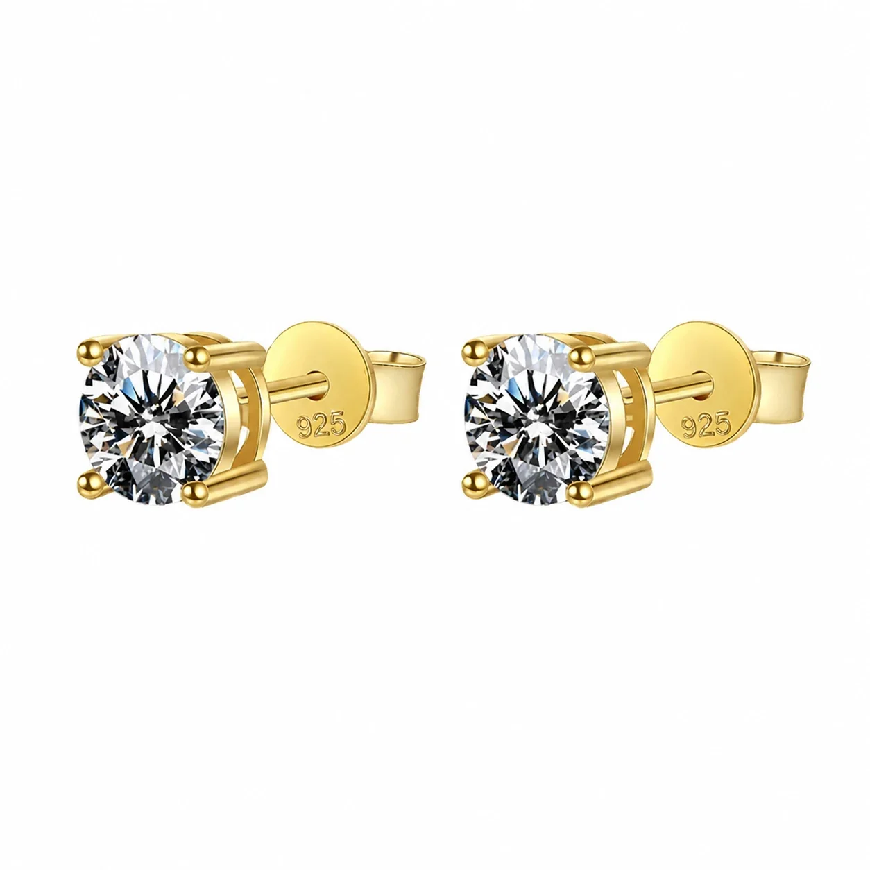 Refined Gold-Plated Four-Prong Round Moissanite Stud Earrings - 8 mm 5A Cubic Zirconia
