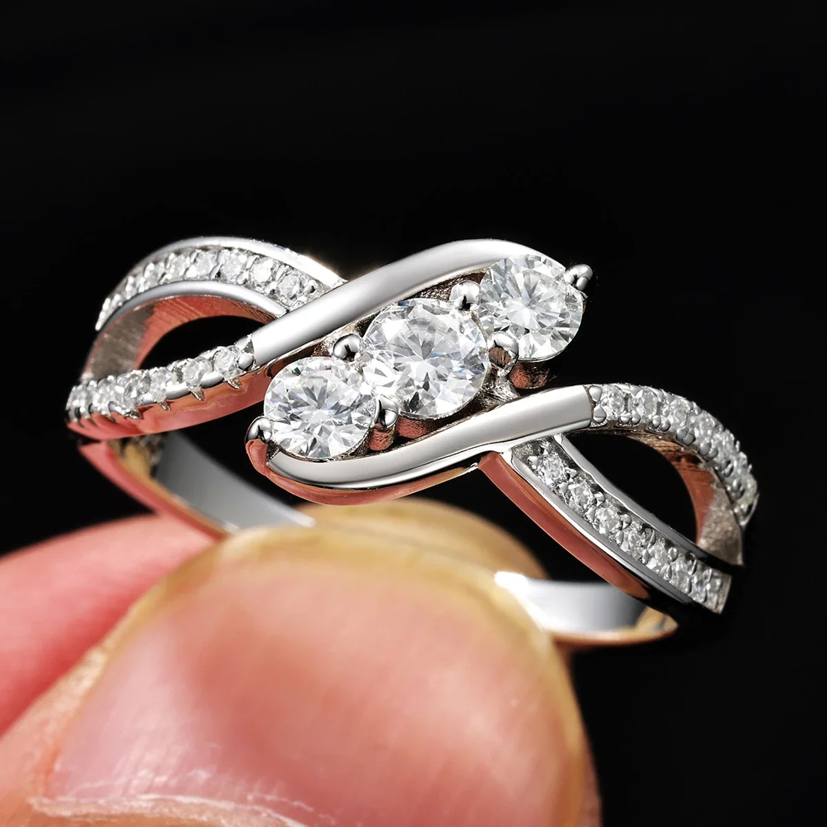 Asymmetric 925 sterling silver Three-Stone Pave Infinity Ring