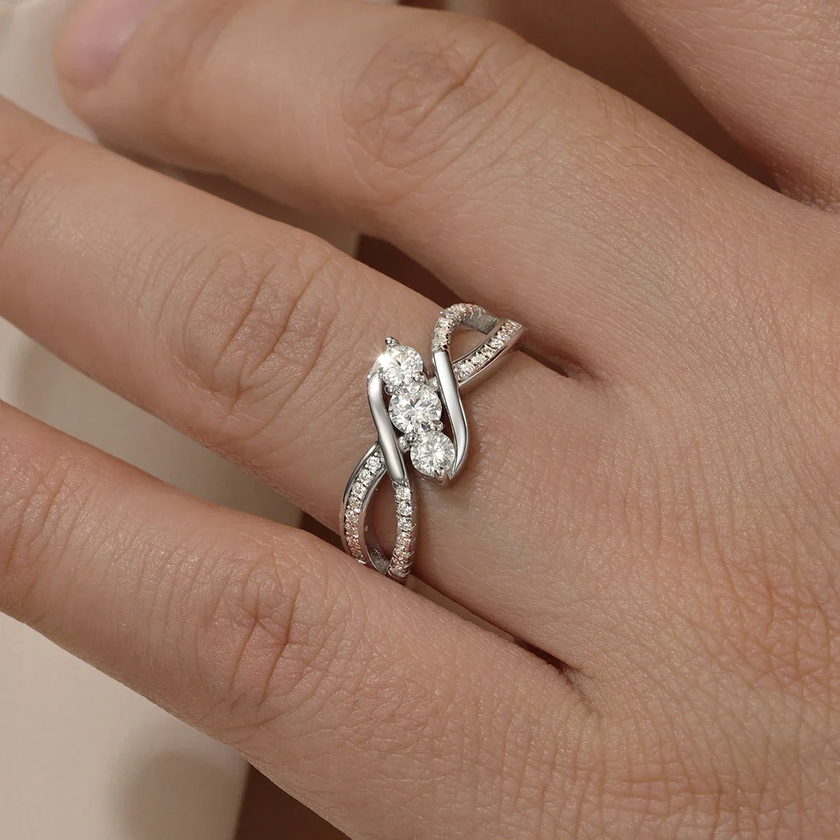 Asymmetric 925 sterling silver Three-Stone Pave Infinity Ring