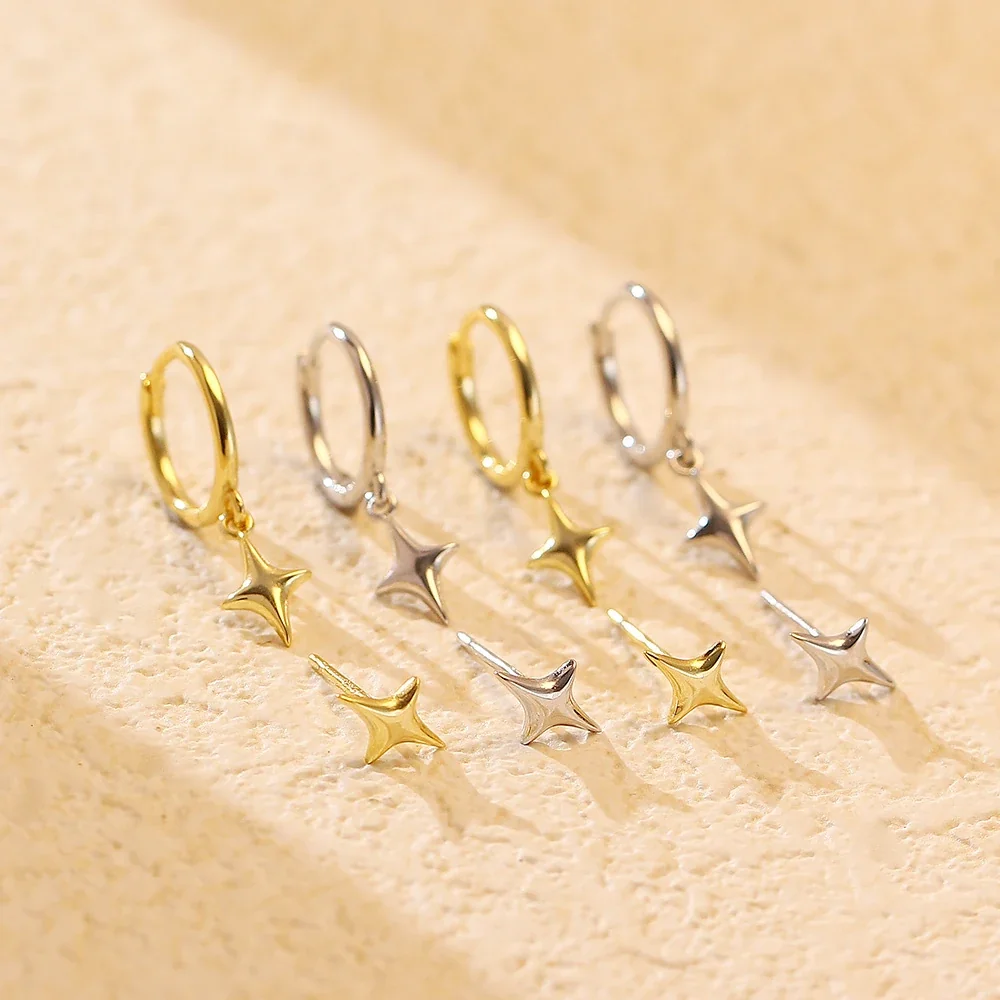 Polished Four-Point Star 925 Sterling Silver Earrings