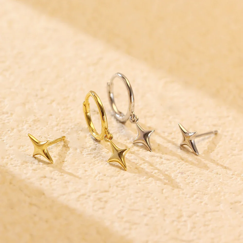 Polished Four-Point Star 925 Sterling Silver Earrings