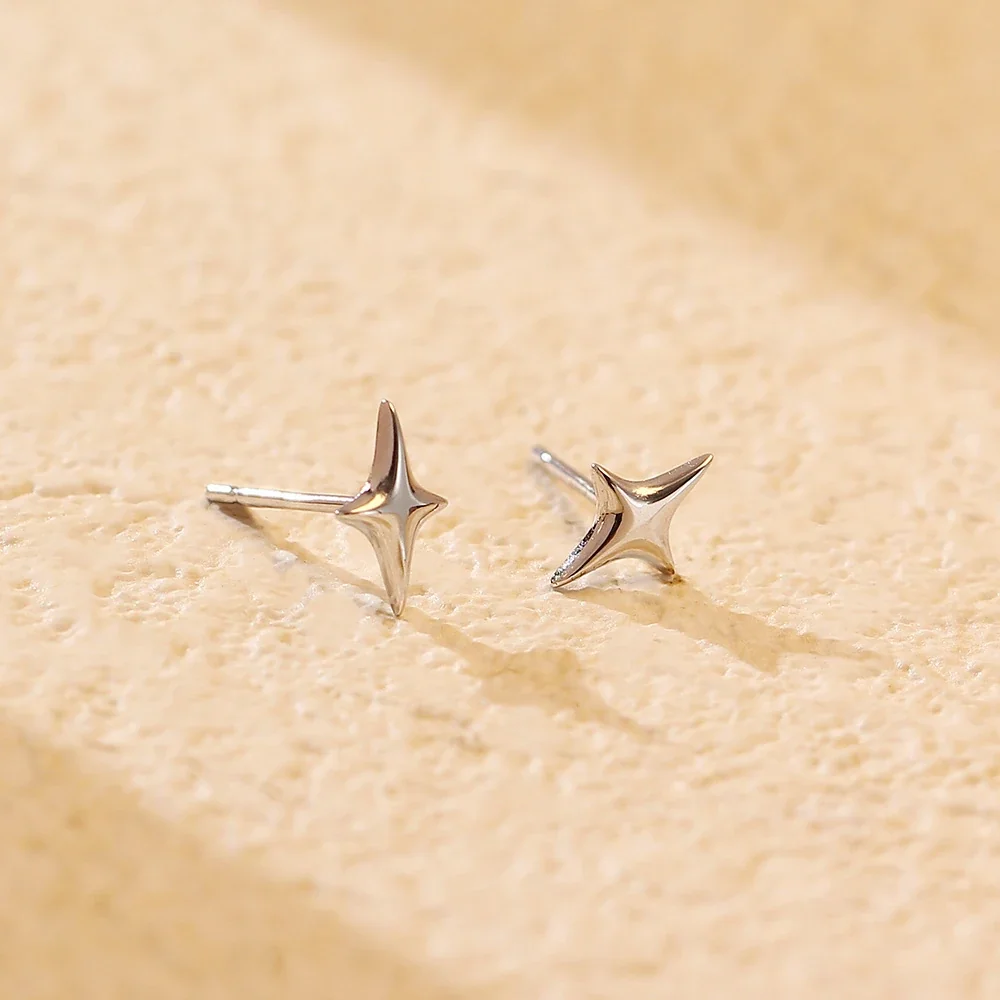 Polished Four-Point Star 925 Sterling Silver Earrings - Silver Stud