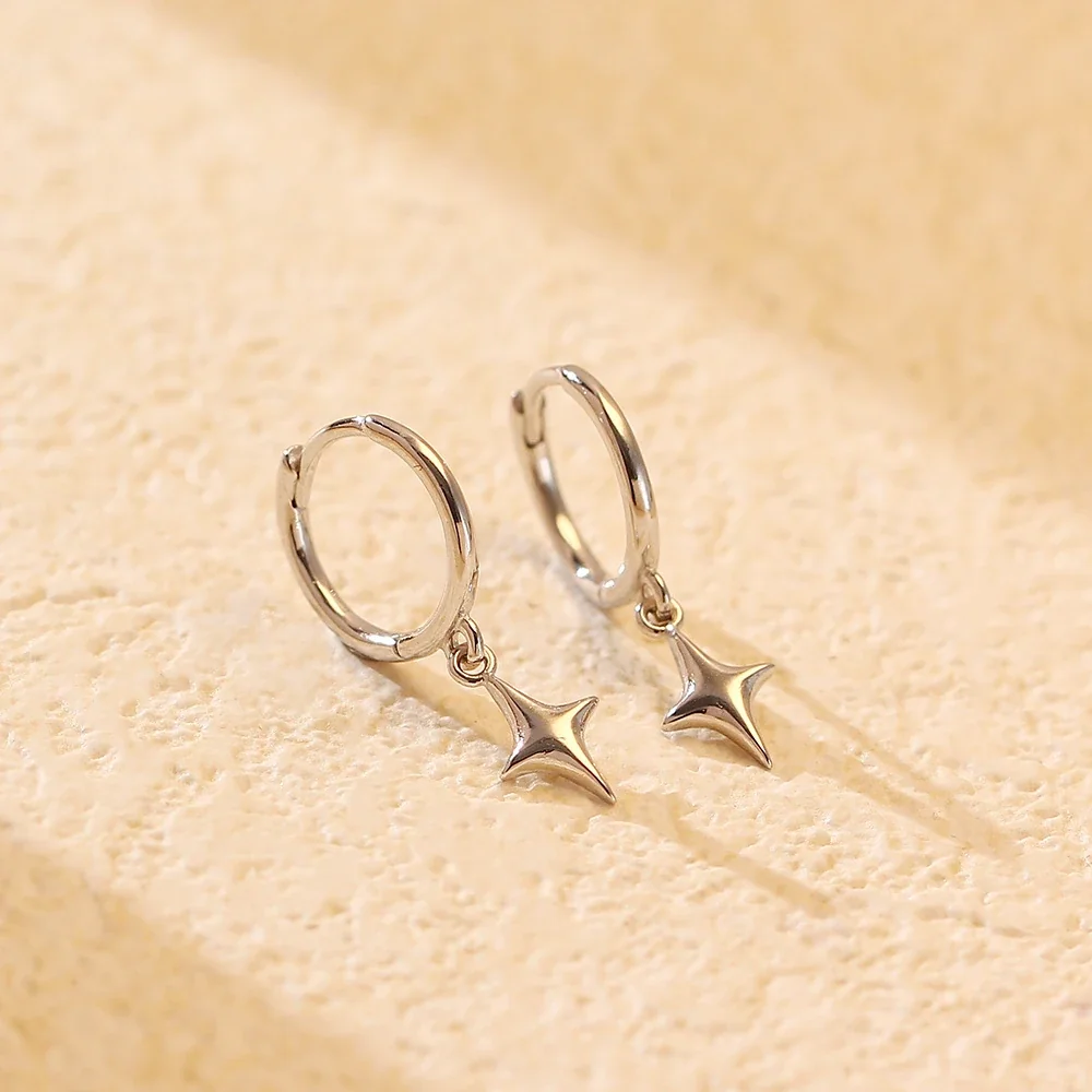 Polished Four-Point Star 925 Sterling Silver Earrings - Silver Hoop Drop