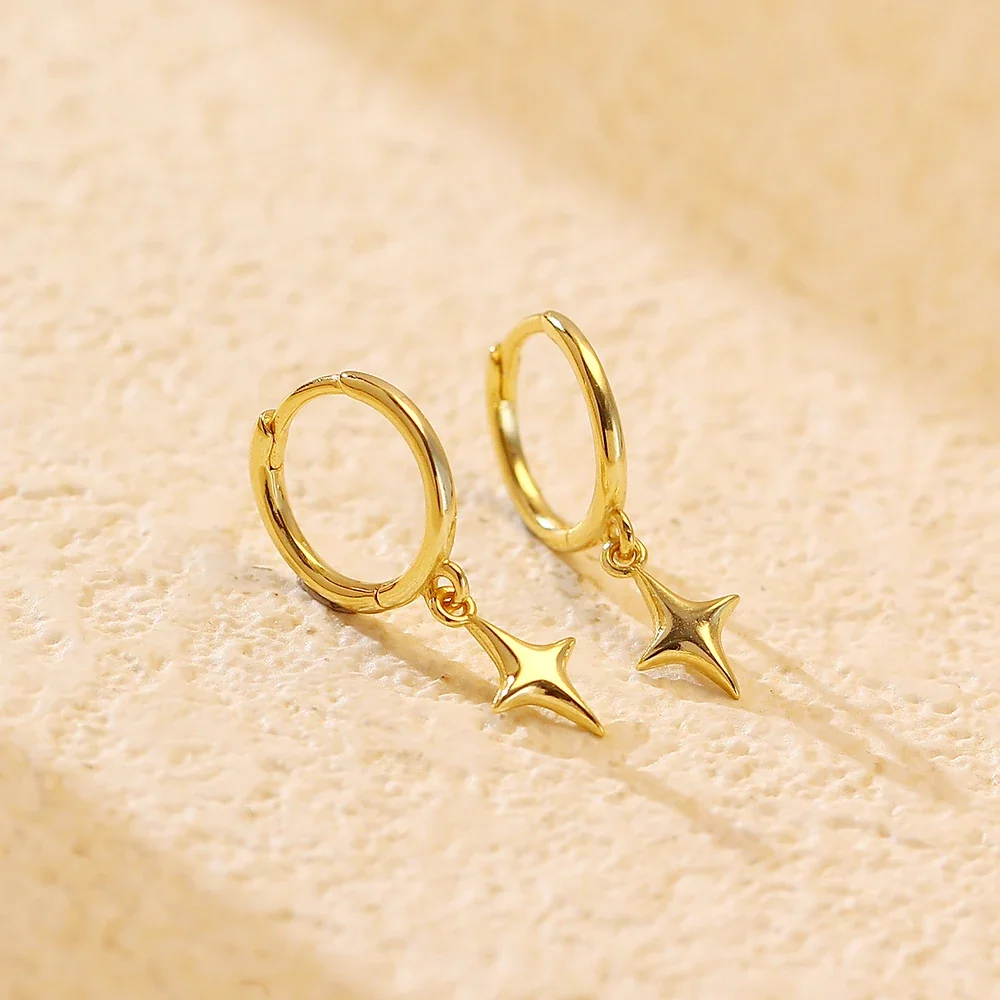 Polished Four-Point Star 925 Sterling Silver Earrings - Gold Hoop Drop