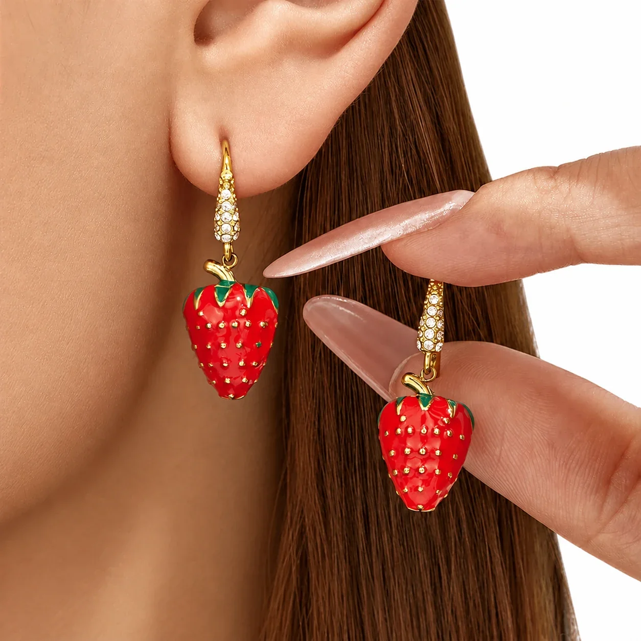 Playful Strawberry Enamel Gold PVD CZ Drop Earrings