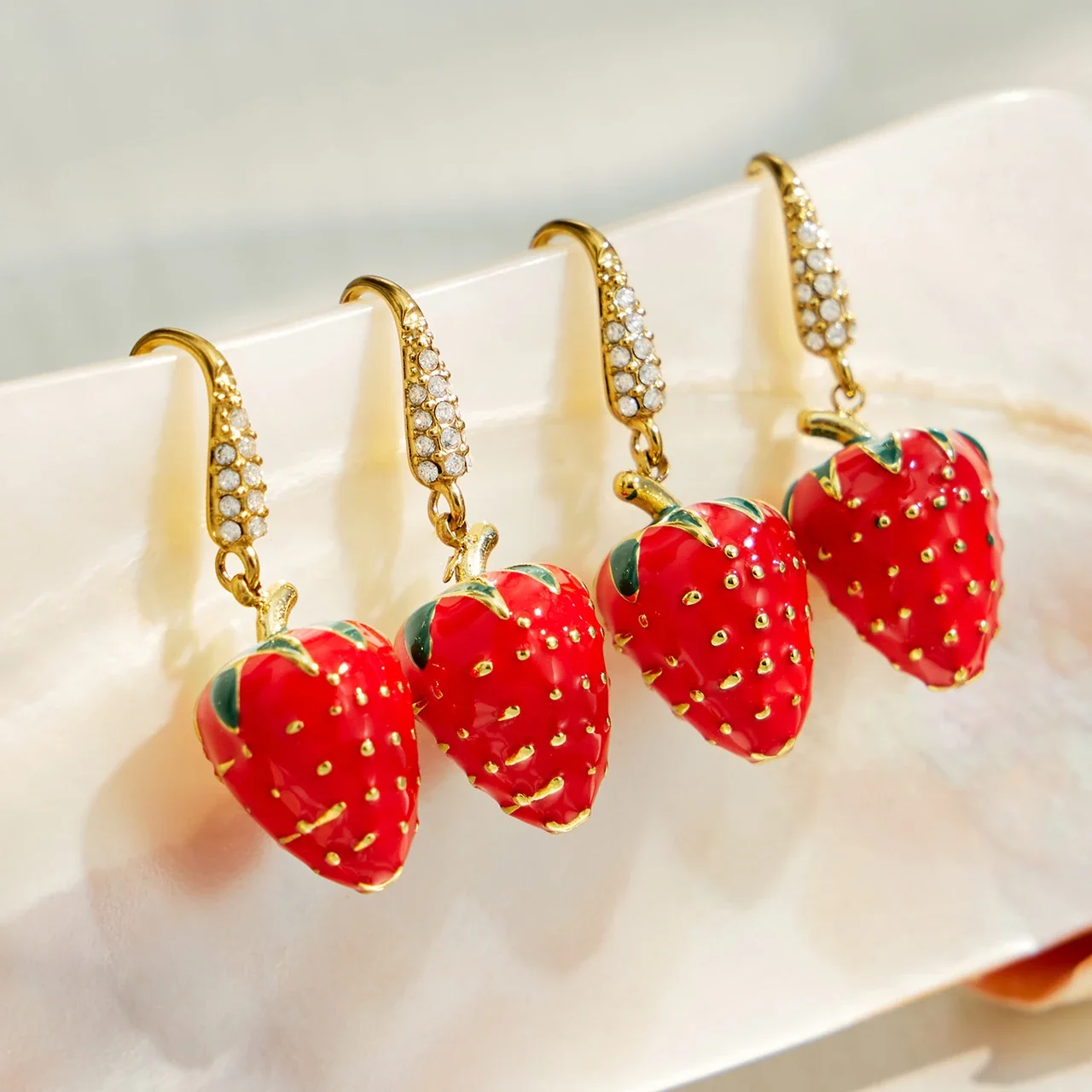 Playful Strawberry Enamel Gold PVD CZ Drop Earrings