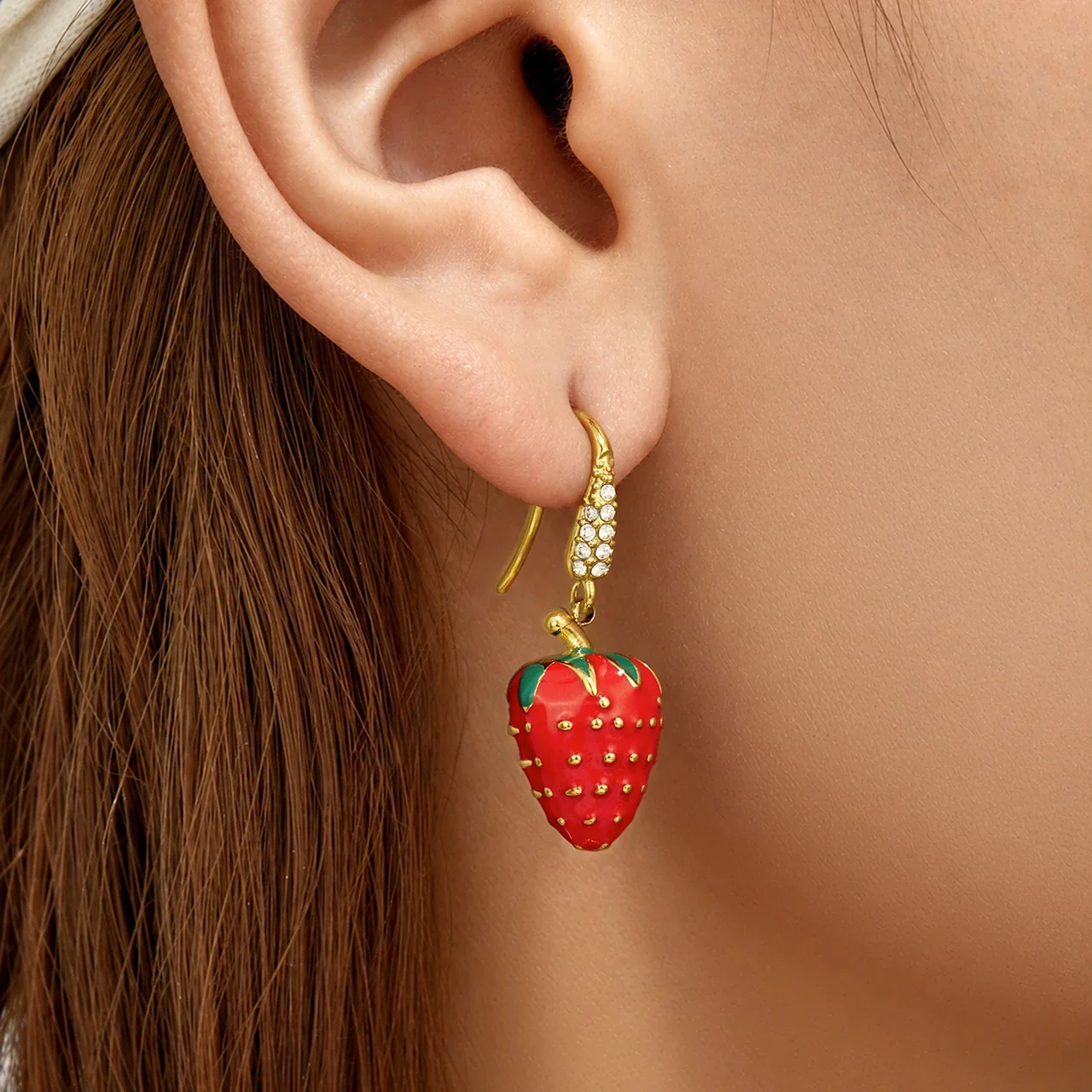 Playful Strawberry Enamel Gold PVD CZ Drop Earrings