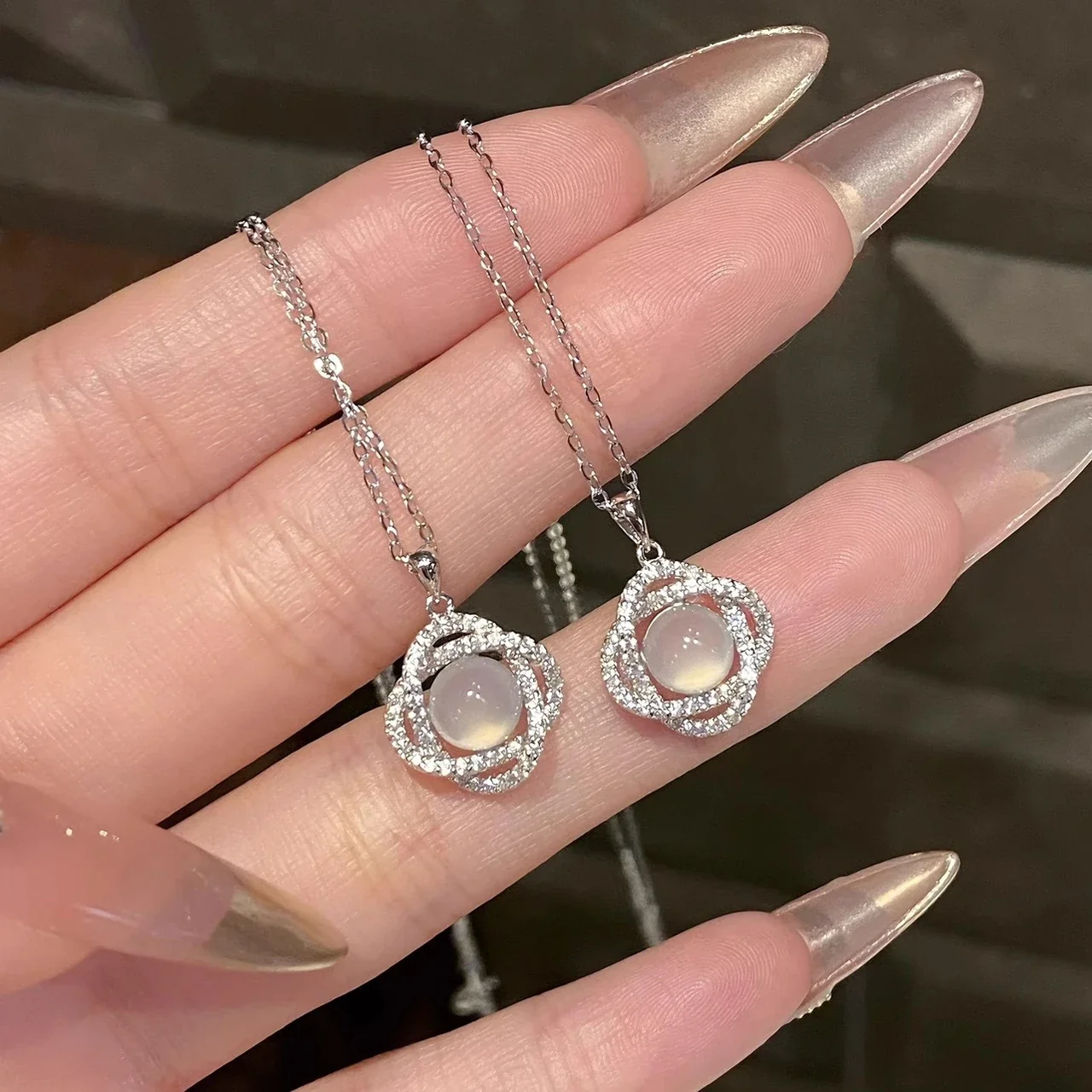 Orbital Chalcedony Pavé Flower 925 Sterling Silver Necklace