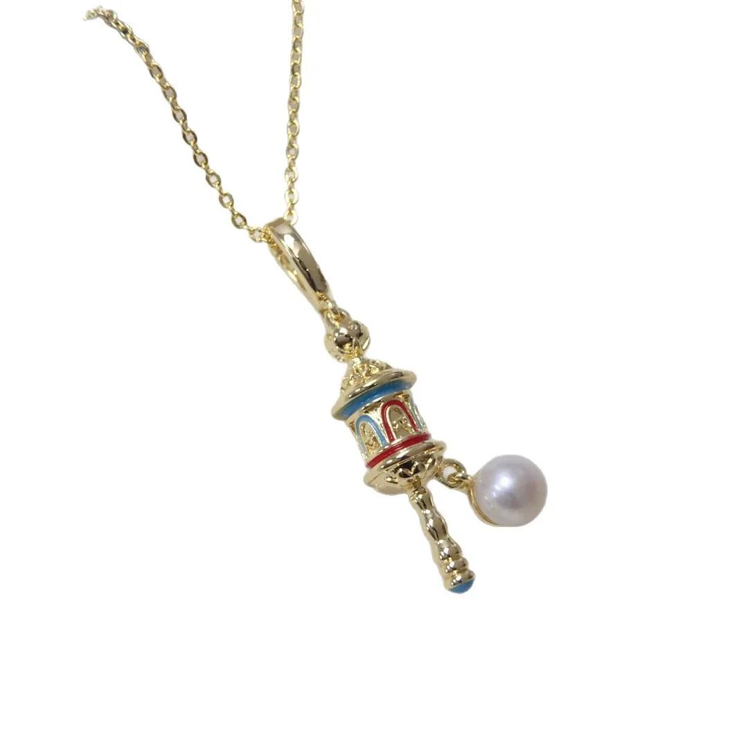 Ornate Gold-Plated Lantern Charm Pearl Pendant Necklace