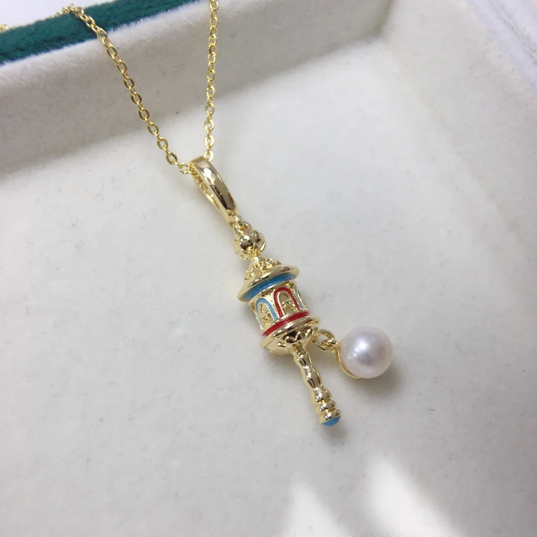 Ornate Gold-Plated Lantern Charm Pearl Pendant Necklace - Gold