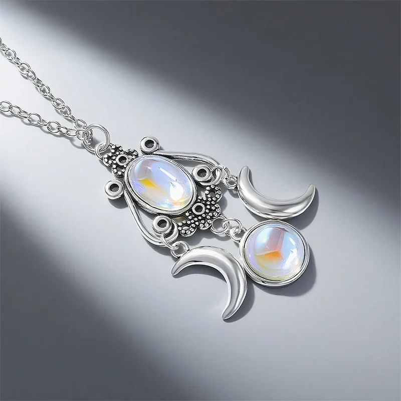 Celestial 925 Sterling Silver Oval Moonstone Crescent Necklace