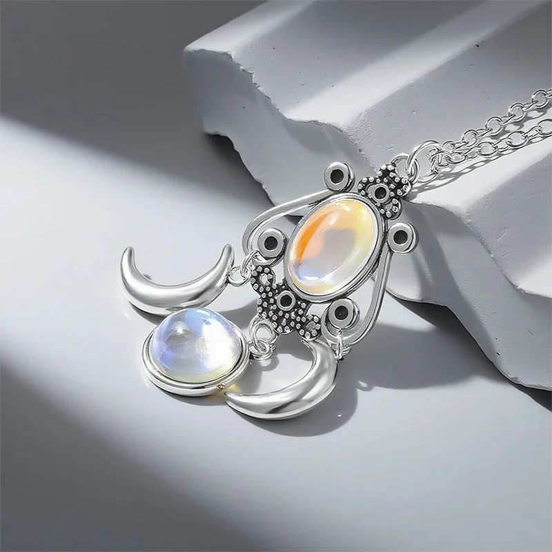 Celestial 925 Sterling Silver Oval Moonstone Crescent Necklace
