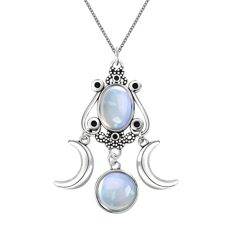 Celestial 925 Sterling Silver Oval Moonstone Crescent Necklace - Platinum-Tone