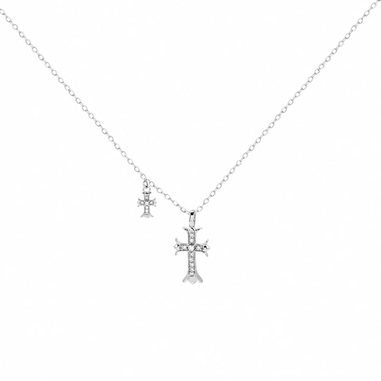 Gothic 925 Sterling Silver Pavé Double-Cross Necklace
