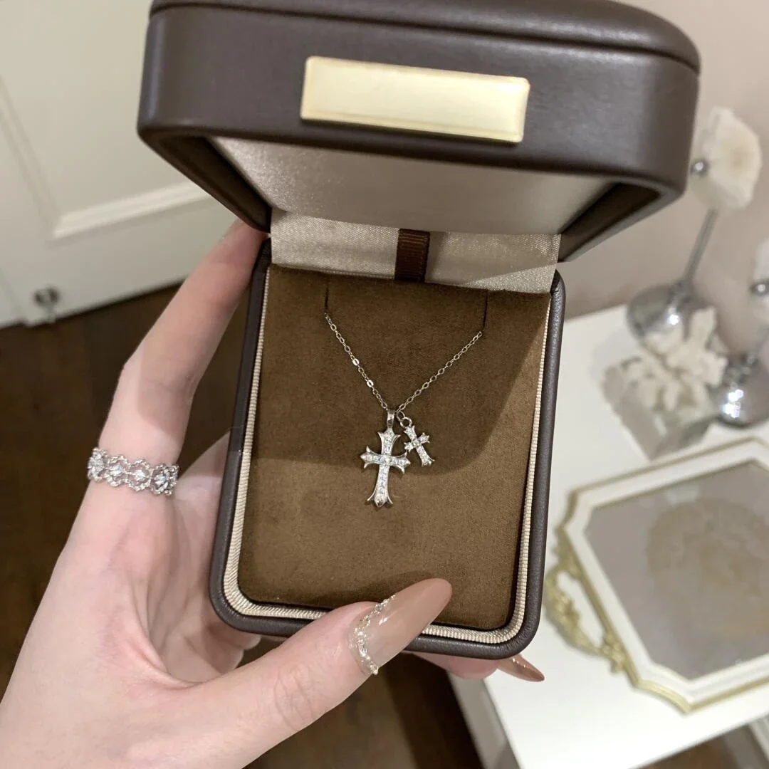 Gothic 925 Sterling Silver Pavé Double-Cross Necklace