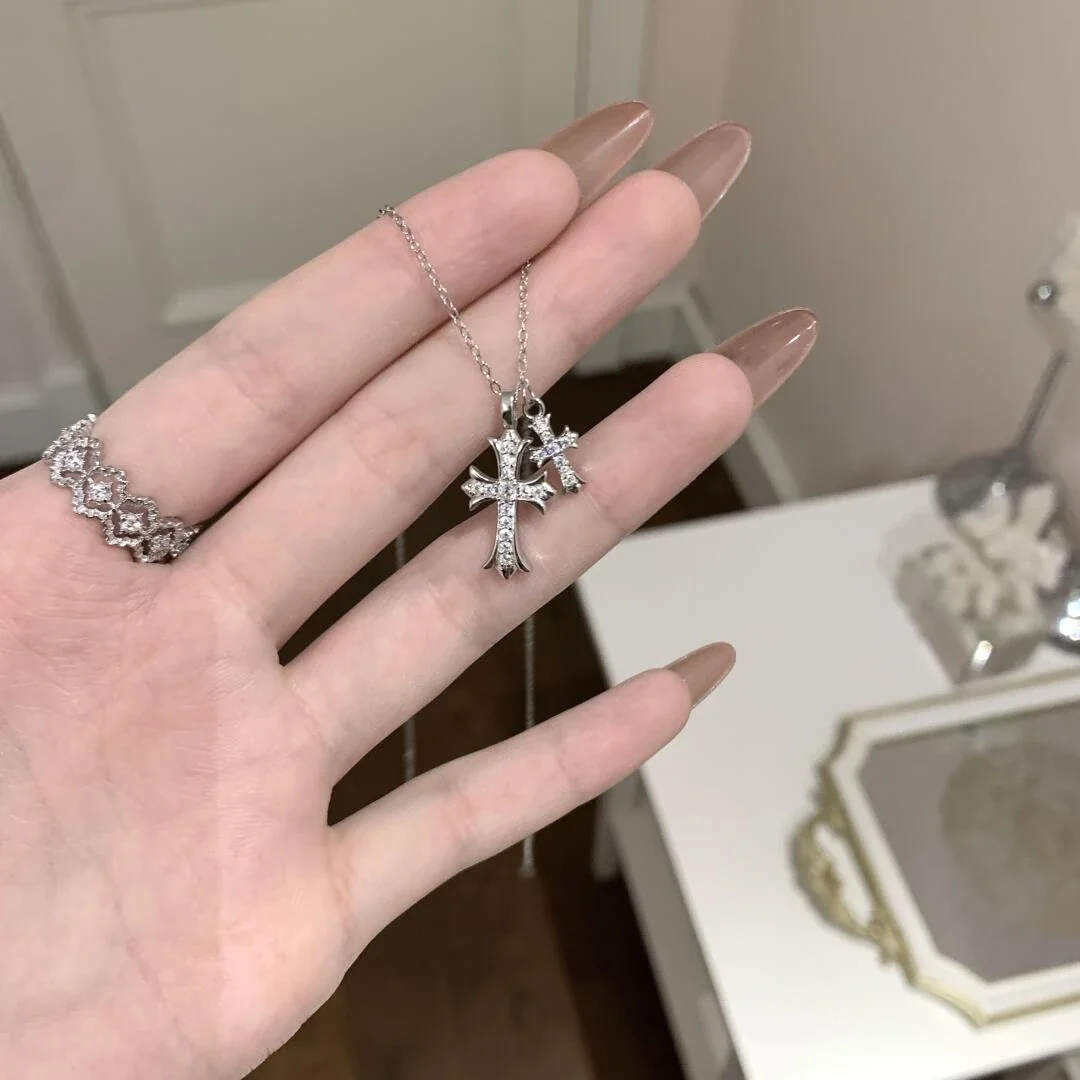 Gothic 925 Sterling Silver Pavé Double-Cross Necklace