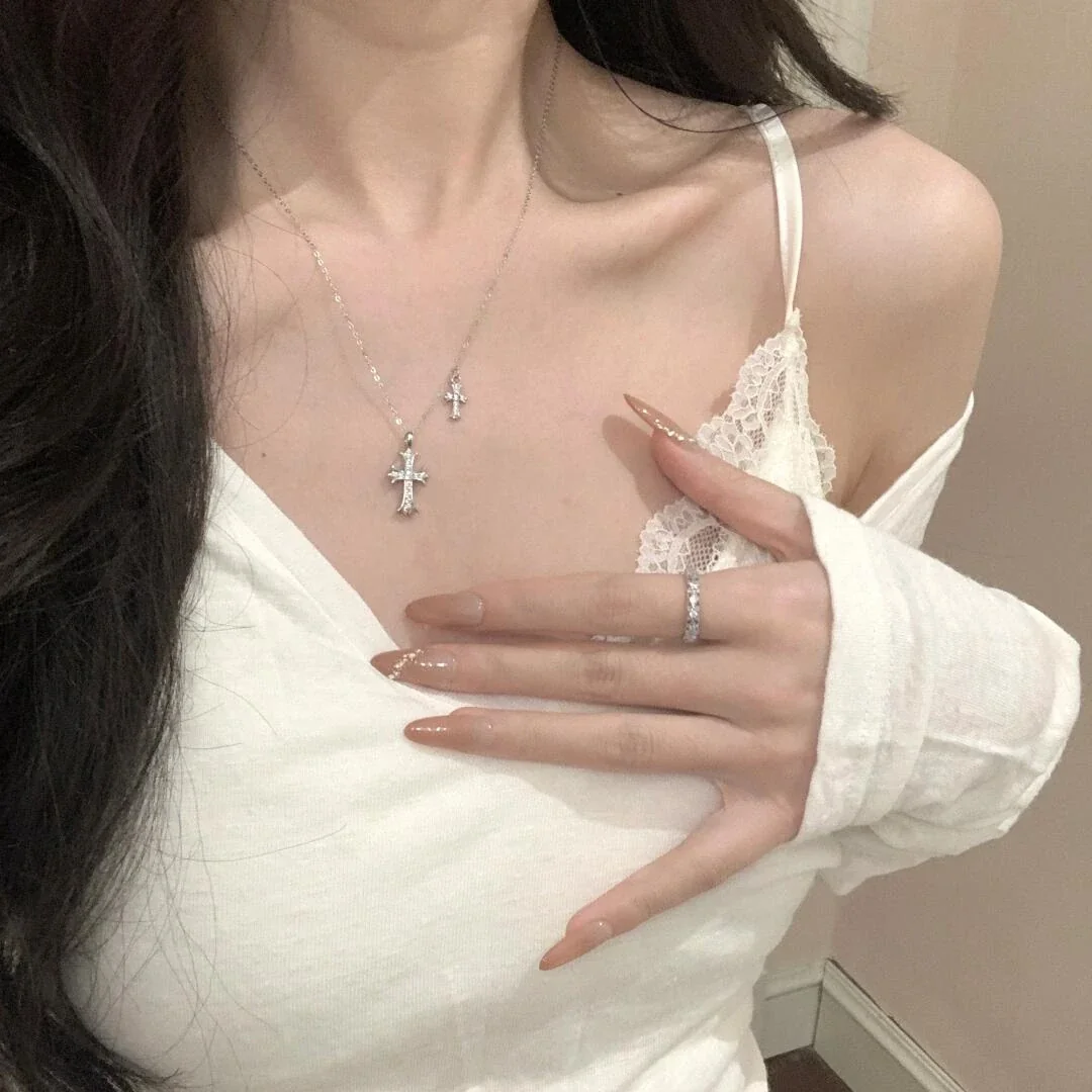 Gothic 925 Sterling Silver Pavé Double-Cross Necklace