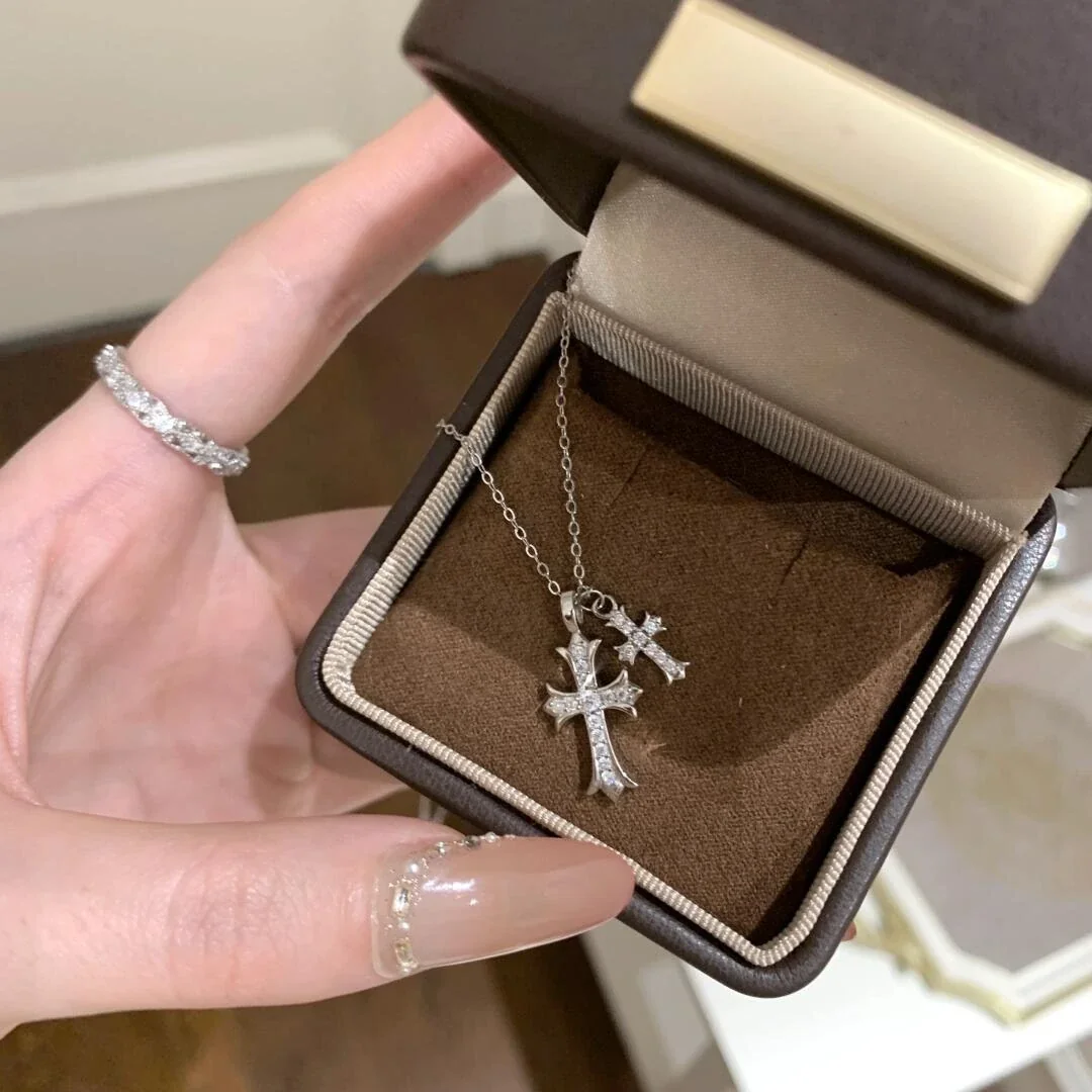 Gothic 925 Sterling Silver Pavé Double-Cross Necklace - Silver