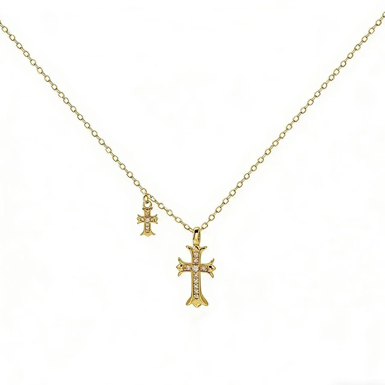 Gothic 925 Sterling Silver Pavé Double-Cross Necklace - Gold Tone