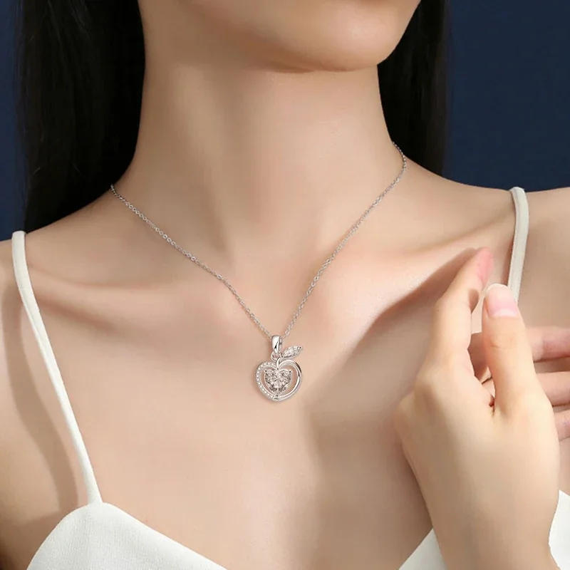 Romantic 925 Sterling Silver Apple Heart Moissanite Necklace
