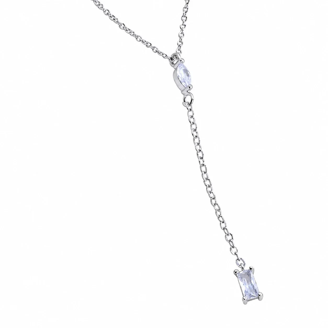 Asymmetric 925 Sterling Silver Marquise & Baguette Drop Necklace