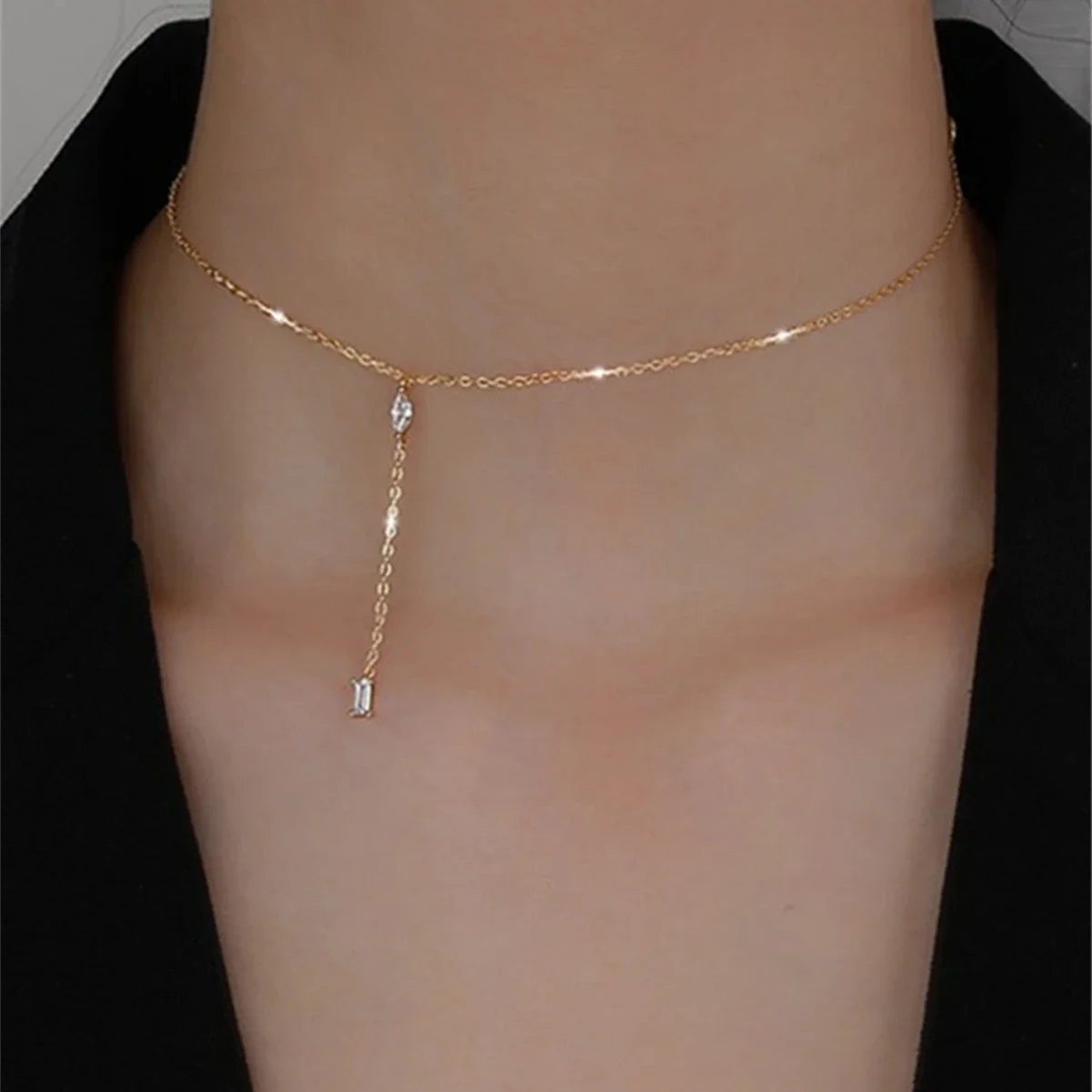Asymmetric 925 Sterling Silver Marquise & Baguette Drop Necklace