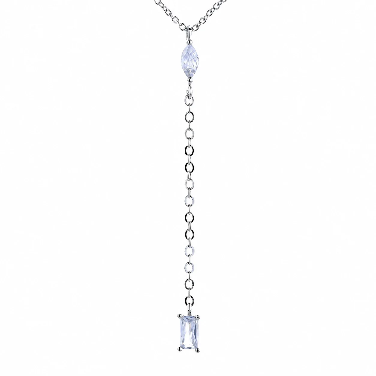 Asymmetric 925 Sterling Silver Marquise & Baguette Drop Necklace