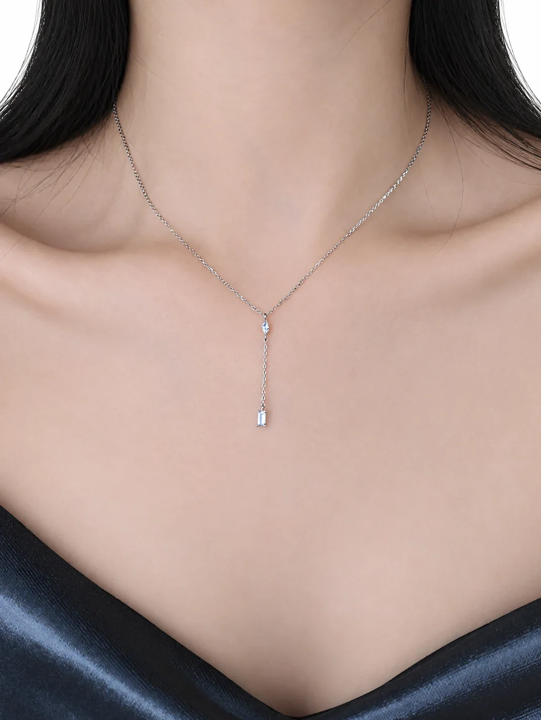 Asymmetric 925 Sterling Silver Marquise & Baguette Drop Necklace - Silver