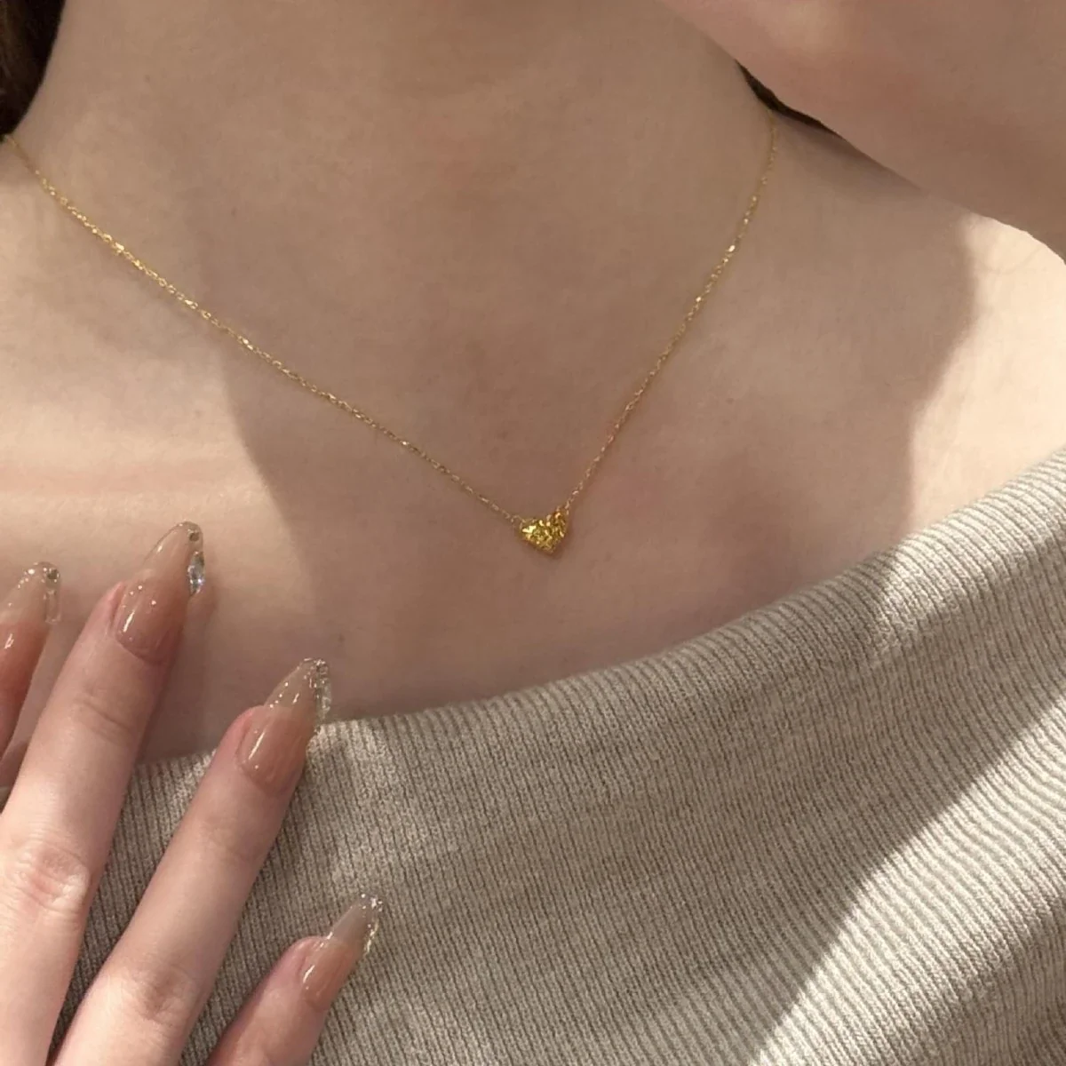 Textured Gold-Tone 925 Sterling Silver Heart Pendant Necklace