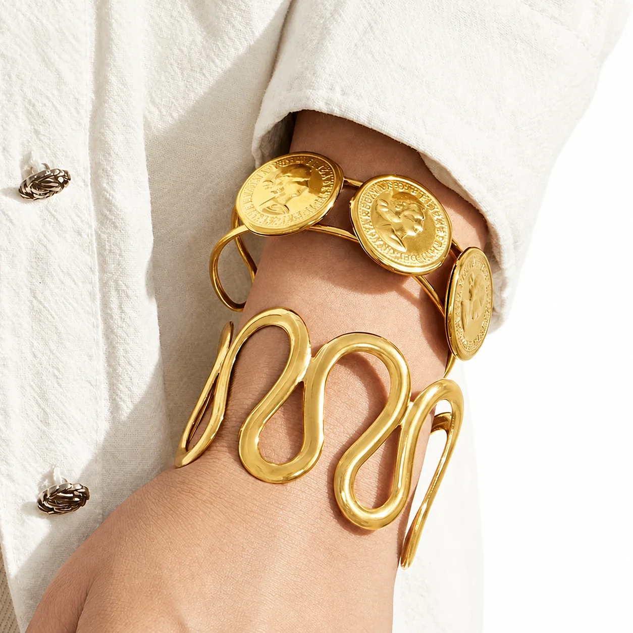 Sculptural Stainless Steel Open Wave Coin Bangle
