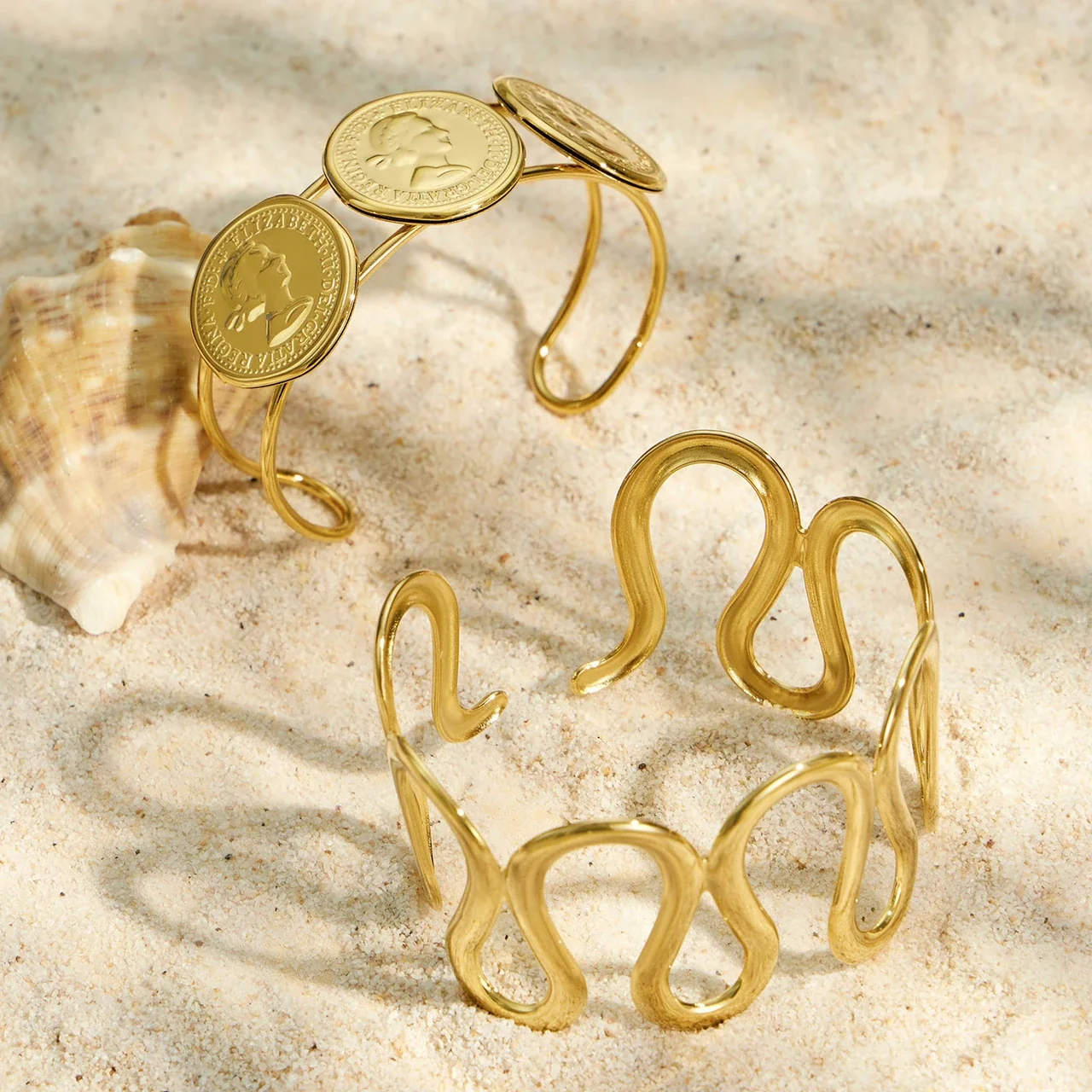 Sculptural Stainless Steel Open Wave Coin Bangle