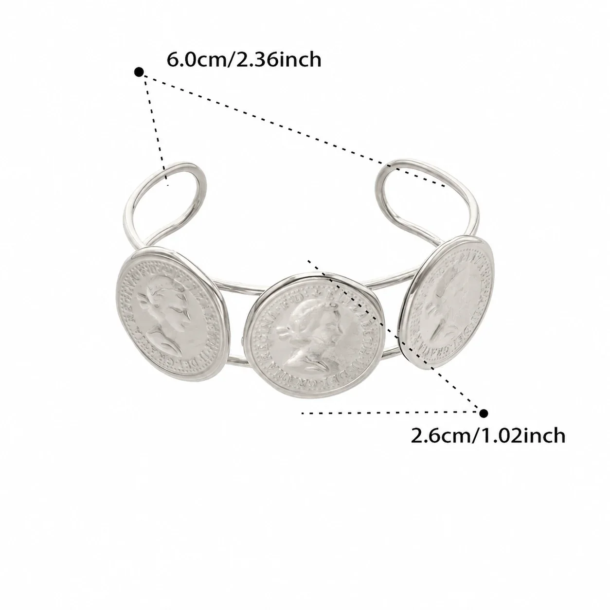 Sculptural Stainless Steel Open Wave Coin Bangle - Silver Portrait Coin