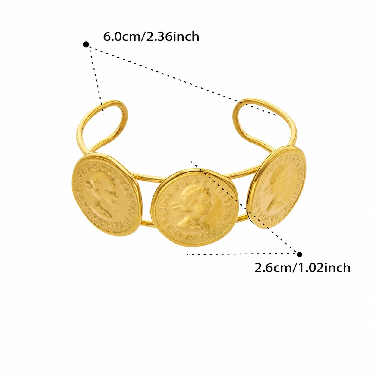 Sculptural Stainless Steel Open Wave Coin Bangle - Gold Portrait Coin