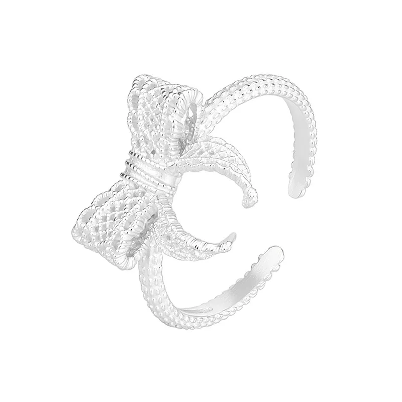 Delicate Silver-Plated Openwork Bow Beaded Copper Cuff Ring