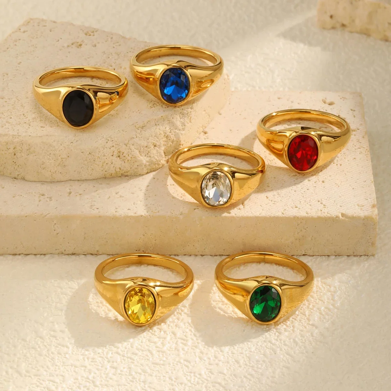 Sculptural Stainless Steel 18K Gold-Plated Oval Bezel Signet Ring