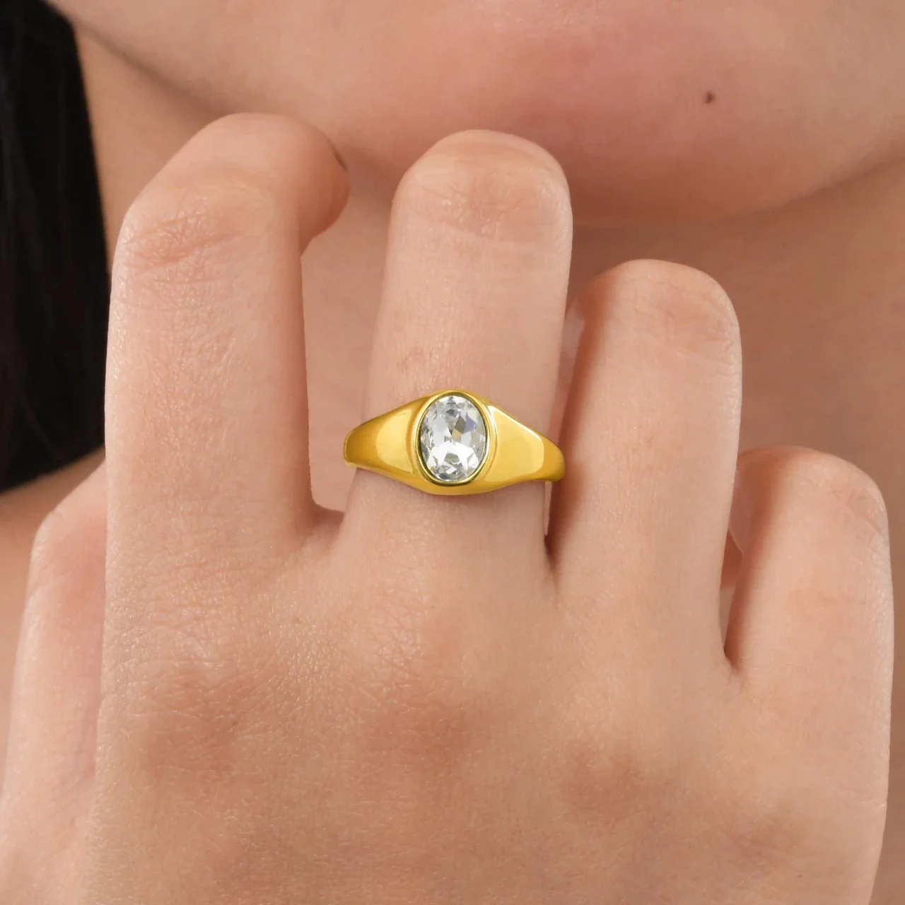 Sculptural Stainless Steel 18K Gold-Plated Oval Bezel Signet Ring