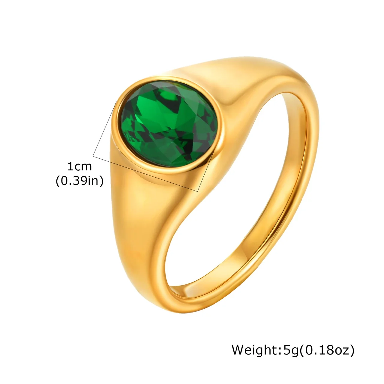 Sculptural Stainless Steel 18K Gold-Plated Oval Bezel Signet Ring - Green