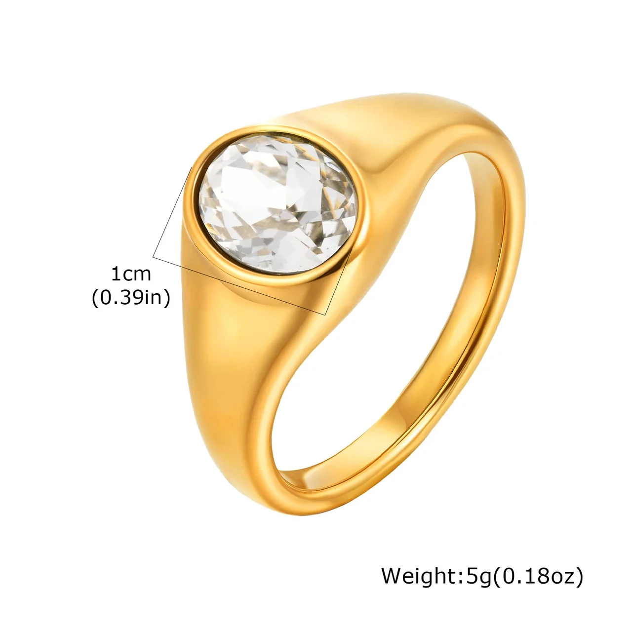 Sculptural Stainless Steel 18K Gold-Plated Oval Bezel Signet Ring - Clear